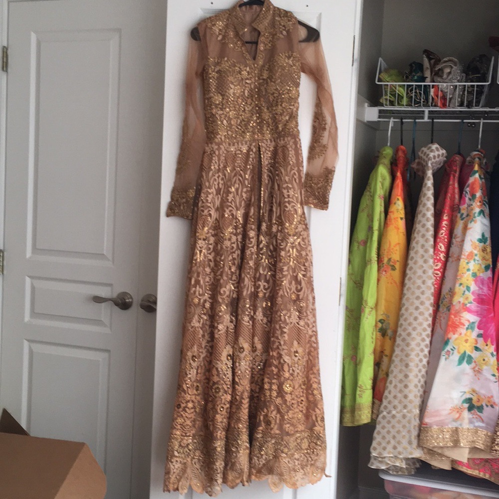 Beige/gold Embroidered Anarkali Legenga